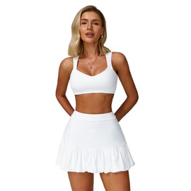 2 Peice Tennis Dress for Women Compression Sleeveless Cutout Sports Bra and Bubble Skirt Active Yoga Golf Outfits White