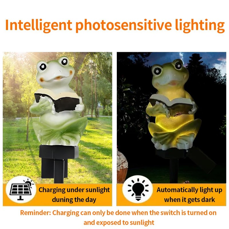 YZYOE Solar Powered Frog Reading Light, Garden Decoration Resin Cute