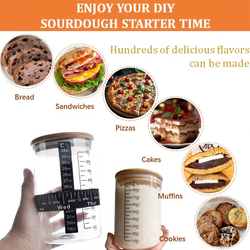 Premium Sourdough Starter Kit,34 oz with Bamboo Lid,Cloth Cover,Date Tracker,Thermometer