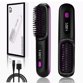 S7 Cordless Hair Straightener Brush- Porta ECO Portable Straightening Brush for Travel,Mini Hot Ionic Straightener Comb for Women, Ceramic Coating, Lightweight for Touch-ups - Color: S7 White