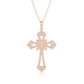 Luxury 925 Silver Moissanite Cross Necklace Sparkling Flower Cross Pendant Dainty Religious Jewelry Gift Moissanite PendantColor: Rose Gold