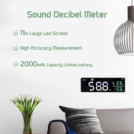 Decibel Meter, Wall Hanging Sound Level Meter, Noise Decibel Meter, 3 in 1 Noise Temperature Humidity Meter, 30 to 130dB Range, with 11in Large LED Display Screen, for Classroom