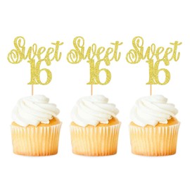 Keaziu - Paquete de 24 dulces 16 adornos para cupcakes dulces dieciséis, 16 felices, 16 púas para 16 cumpleaños, boda, aniversario, fiesta, decoración de pasteles, suministros de oro