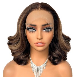 SOKU 13x6 Lace Front Wavy Wig, Short Wigs for Black Women 12 Inch Highlight Brown Pre Plucked Bob Body Wave Glueless Wigs 6x13 HD Lace Frontal 180% Density