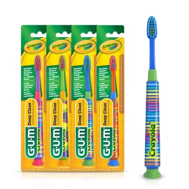 GUM Crayola Deep Clean Children’s Toothbrush, Extra Soft Toothbrush for Kids, Suction Cup Base, Ages 4+, 1ct (Pack of 4)