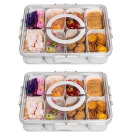 WACOI Divided Snack Serving Tray with Lid and Handle Travel Snackle Charcuterie Container Portable Storage Organizer for Candy, Fruits, Nuts, Snacks, Party, Picnic 2 Packs White