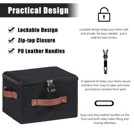 VinneGenzz Storage Bins Boxes with Zipper Lid Combination Lock PU Leather Handles Cotton Linen Fabric Lidded Lockable Baskets Foldable Washable Closet Shelf Organizer Container (Black, Small)
