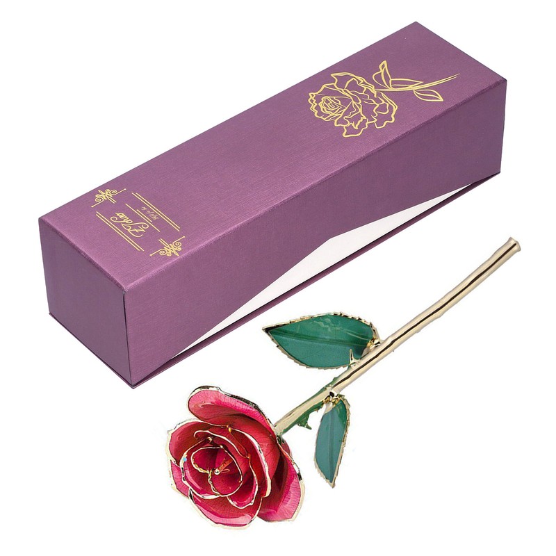 24K GoldPlated Rose Flower Pink Green Leaf for Valentine's Day
