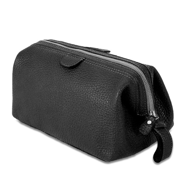 KomalC Large Premium Leather toiletry bag for Women and Men, travel utility Dopp kit wash bag (Black)