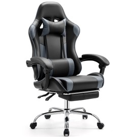 Elevon Ergonomic Video Game Computer Chairs with Footrest & Comfortable Lumbar Support,Height Adjustable Reclining Chair in PU Leather with Headrest and Fixed Armrests, 360° Swivel, Black&Grey