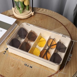 FORUP Eyeglass Case Storage Organizer, Plastic Stackable Sunglasses Organizer, Sunglass Glasses Storage Box with Hinged Lid, 5 Sections, 2 Pack, Cream White