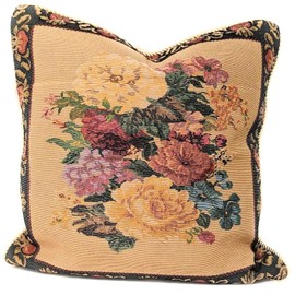 DaDa Bedding Vintage Ornate Floral Tapestry Throw Pillow Cover - Breath of Spring Botanical Garden Dark Border - Classical Elegant Accent Multi Colorful with Golden Rope - 18" x 18" - 1-Piece