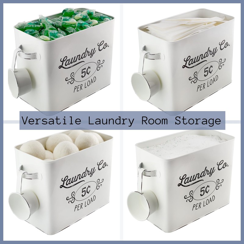 AuldHome Design Farmhouse Laundry Powder Container, White Enamelware Detergent Bin