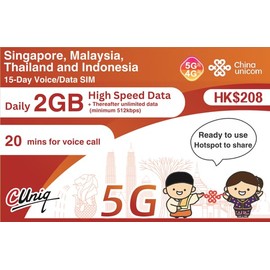 Singapore, Malaysia, Thailand, Indonesia Preloaded Data SIM Card (15 Days, 2GB/day) 5G High Speed to 512 kbps Unlimited Data | 20 mins Local Number Calls | Ready to use for Business Travel