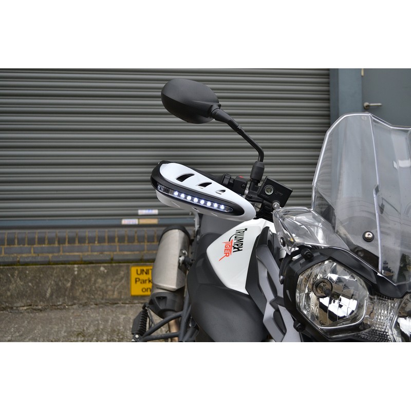 Motorcycle hand guards with LED daytime running light, wind deflector