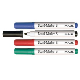 MAUL Board Marker S, Whiteboard Marker Set with 4 Coloured Pens, Bullet Tip with 1.5-2 mm Line Width, Dry Erasable, Ideal for Writing on Whiteboard and Labelling Tape, Colourful