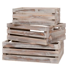SENRYEE Large Size Wood Crates for Storage, Decorative Vintage Walnut Wooden Boxes for Display, Handmade Solid Wood Set of 3 Rustic Crates (Walnut)