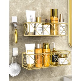 Iperlife Shower Caddy Gold, 2 Pack Shower Shelves Strong Adhesive Bathroom Shower Organizer with Hooks No Drilling Wall-Mounted Shower Shelf for Inside Shower