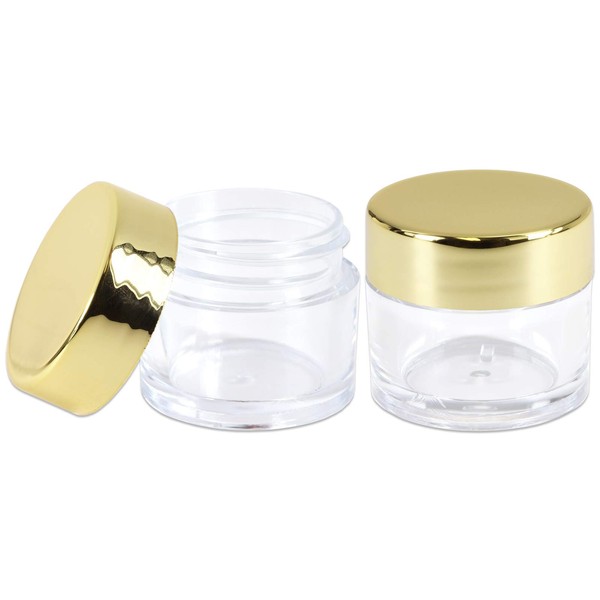 Beauticom 7 Gram / 7 ML Thick Wall Round Leak Proof Clear Acrylic Jars for Beauty, Cream, Cosmetics, Salves, Scrubs (24 Pieces Bottom Clear Base + 24 Pieces Lids, Metallic Gold)