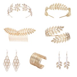 RANJIMA Greek Goddess Jewellery Set, Mother's Day Gifts for Mum, Cleopatra Greek Goddess Set, Roman Laurel Leaves Crown Tiara Hair Comb Cuff Upper Arm Bracelets Swirl Earrings, High-quality materials