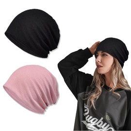 BDSHUNBF 2 PCS Beanie Hat, Winter Knit Beanie Hat for Ladies, Slouchy Winter Hats for Women, Womens Hats and Caps, Black & Pink
