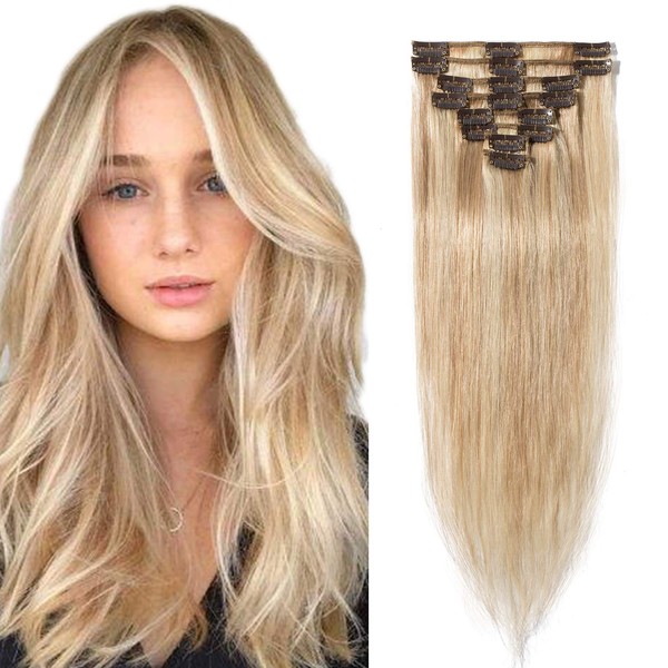 Sego Clip-In Real Hair Extensions, 8 Wefts, Thin Extensions, 100% Remy Human Hairpieces, Honey Blonde/Light Blonde #18p613-1, 45 cm (70 g)