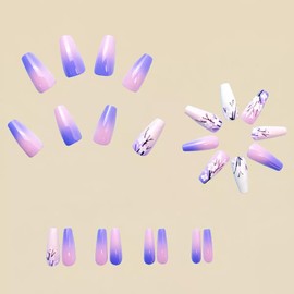 Flower Press on Nails Medium Coffin Fake Nails Purple False Nails with Design Floral Pattern Glue on Nails Ombre Glossy Stick on Nails Spring Acrylic Nails for Women Manicure 24Pcs