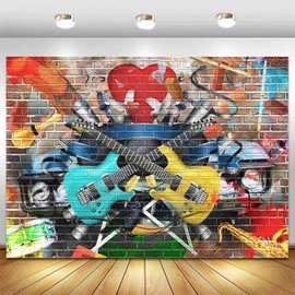 Sensfun 7x5ft Rock and Roll Guitar Backdrop Rock Star Party Decoration Graffiti Brick Wall Musical Photography Background Disco Karaoke Party 80s 90s Birthday Banner Photoshoot Backdrops Prop
