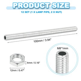 PATIKIL M8 Fine Thread Carbon Steel Lamp Pipe With Nut, 12 Set 100mm/3.94" Hollow Tube Thread Adapter Fasteners Hardware for Lamp Lights Chandelier Ceiling Light DIY, White Zinc Plating