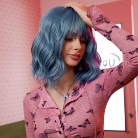 Pelucas Bob Cortas Onduladas Claro con Flequillo Peluca al Hombro Rizada y Ondulada Pelucas Cosplay de Sintético para Mujer (Azul)