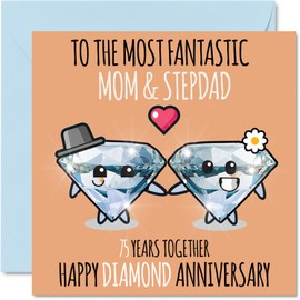 Cute Diamond Anniversary Card for Mom & Step Dad - 75 Years Together - Happy 75th Wedding Anniversary Cards for Step Dad Mom, 5.7 x 5.7 Inch Greeting Cards for Seventy-Fifth Anniversaries