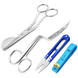 AAProTools Set of 4 6" Stainless Steel Applique Duckbill Scissors Blade Offset Handle & 6" Machine Embroidery Double Curved Scissors Bundle W/ Thread Cutter Blue Tailor Sewing Ruler Tape Measure Blue