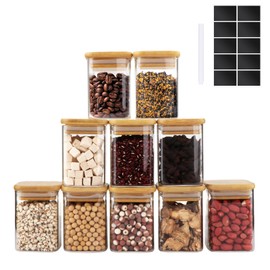 QLoztyse Glass Jars with Bamboo Lids - 9oz Glass Canisters with Airtight Lids Clear Pantry Storage Containers Small Square Glass Canister Set for Kitchen Spice (Set Of 10)