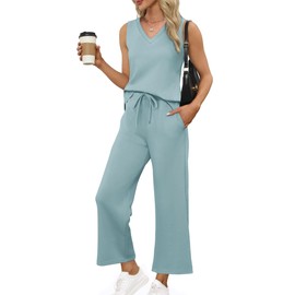 XIEERDUO Vacation Outfits for Women Casual Summer Trendy V Neck Matching Sets Wide Leg Pants Travel Airport Outfits Lounge Sets XL