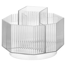 uxcell 360 Rotating Makeup Brush Holder, Clear Makeup Brushes Turntable Organizer with 5 Slots, Round Cosmetic Display Case for Vanity Desktop Counter Bathroom, Blue