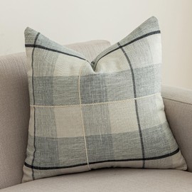 vctops Rustic Lattice Cotton Linen Decorative Throw Pillow Cover Embroidery Square Cushion Cover Pillowcase for Sofa Bedroom Couch (Grey White Plaid, 18"x18")