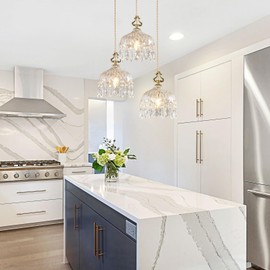 JXJYHL 3-Light Pendant Light Fixtures Brass Vintage Glass Pendant Lights Crystal Hanging Light Fixtures,Adjustable Height Pendant Lighting for Dining Room Living Room Bedroom Hallway(Round Chassis)