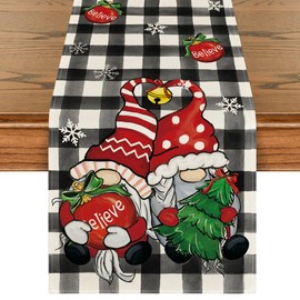 Artoid Mode Buffalo Plaid Gnome Bell Xmas Tree Christmas Table Runner, Seasonal Winter Kitchen Dining Table Decoration for Home Party Decor 13x108 Inch