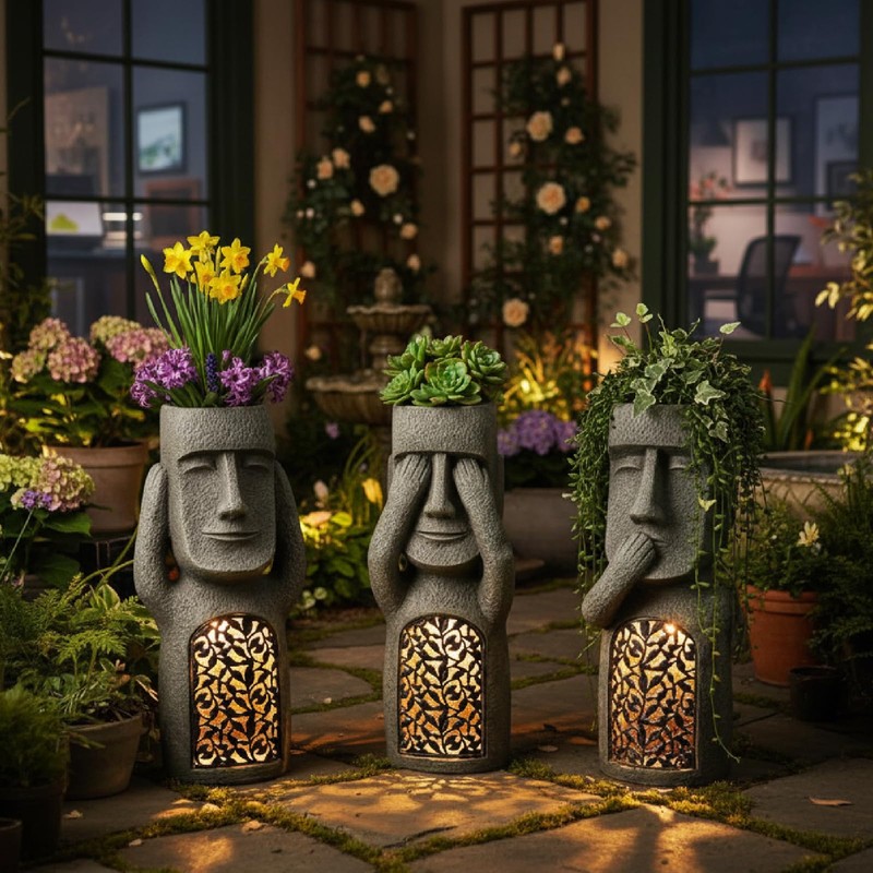 Whbbbj Easter Island Head Sculpture, Moai Statue Planter, Moai Solar