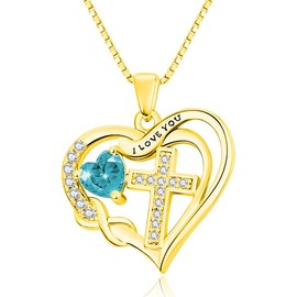 VANAODUC Birthstone Infinity Cross Necklace for Women, Heart Cross 14K Gold /18K White Gold/Rose Gold Womens Pendant Necklace I Love You Jewelry Anniversary Birthday Christmas Gifts for Her Mom Wife