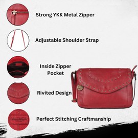 Genuine Italian Leather Boho Studded Crossbody Sling Bag - Stylish, Durable, & Perfect for Everyday Use for Women, Red, Medium