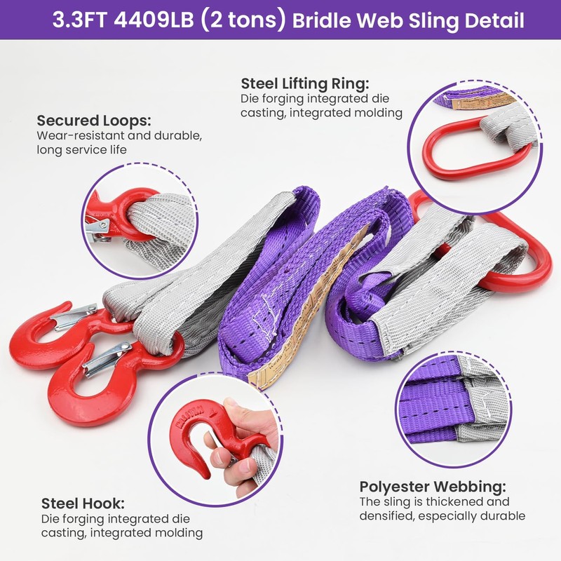 Lifting Slings Straps with Hooks - 3.3 FT, 4409LB Pounds