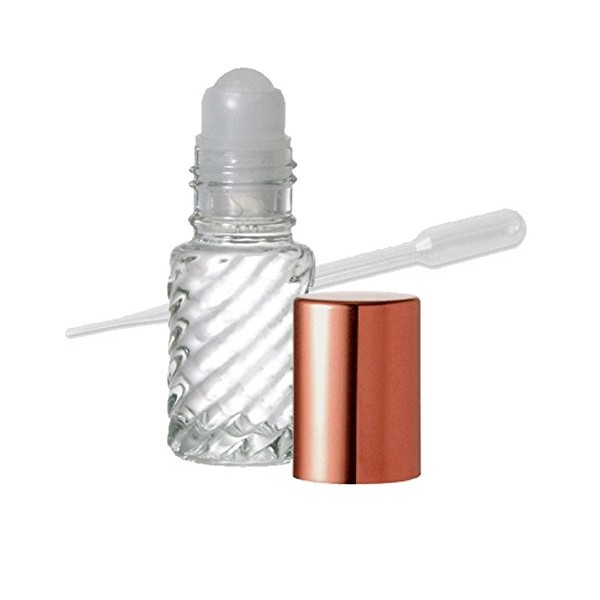 Grand Parfums Aromatherapy 12 Glass Roll on Bottles, Swirled Clear Glass & Copper Metallic Caps 4ml, 1/8 Oz Dram Bottles for Fragrance, Aromatherapy, Essential Oils, Lip Gloss/Balm