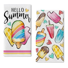 Seliem Hello Summer Popsicles Kitchen Dish Towels Set of 2, Rainbow Love Hearts Hand Towel Drying Baking Cooking Cloth, Seasonal Home Kitchen Decor 18x26