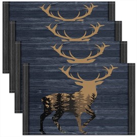 Cute Deer jejeloiu Placemats,Deer Hunting Table Place Mats?Antlers Western Farmhouse Forest Blue Brown Wild Animal Placemat for Kitchen Dining Table Decoration Indoor Outdoor 18"x12"