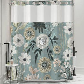 NAEMBCU No Hook Boho Shower Curtain with Snap in Liner - Retro Dark Green Floral, Waterproof Fabric Bath Curtain for Spring Farmhouse Bathroom, Hotel Decor, Breathable Mesh Top, 71x74inch