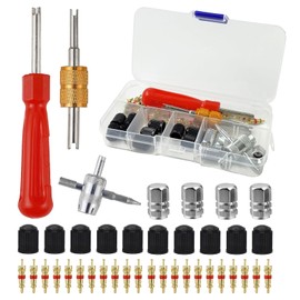 FENGRUI 37 Pcs Car Tyre Valve Removal Tool Set,4-WayValve Tool | 10 Pcs TireValve Caps | 20Pcs ValveCores Tyre Valve Repair Kit Dual & Single HeadValve Core Remover for Car Bicycle Auto