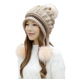 Roll Up Women's Girls Cute Winter Cozy Earflap Knitted Pom Pom Ski Cap Hat Beanies with Matching Glove Mitten Set (Mocha)