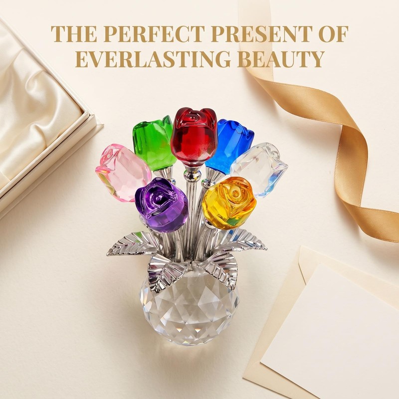 Elovara 3D Handmade Crystal Rose Ornament with Base,Glass Flowers