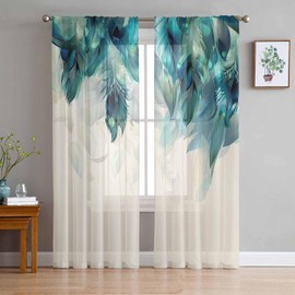 MACONAA Ombre Green Blue Sheer Curtains 84 Inches Long, Abstract Peacock Feather Curtain Sheer for Living Room Decor, Rod Pocket Window Art Painting Voile Curtain Drapes for Bedroom 2 Panel